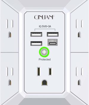 QINLIANF Wall Charger Surge Protector – 5 Outlet Extender with 4 USB Ports