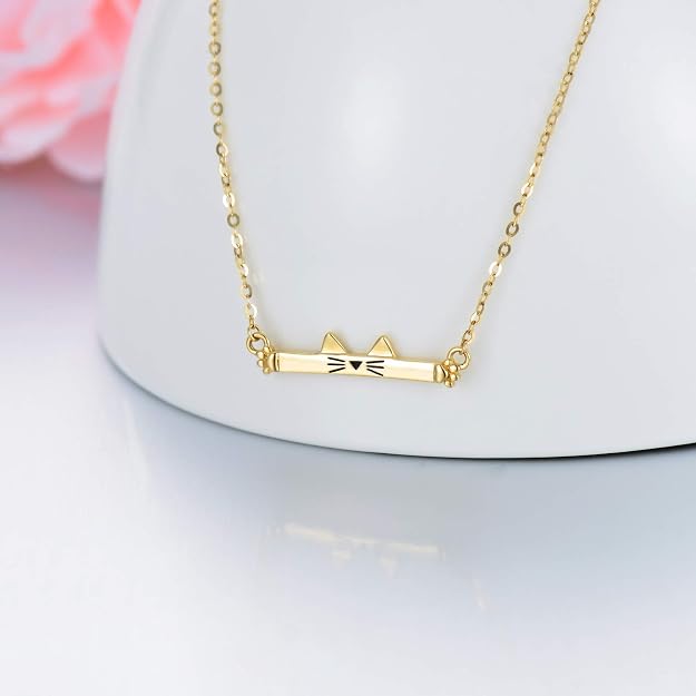SISGEM 14K Real Gold Cat Bar Necklace – Yellow Gold Cute Cat Pendant for Women 16-18 Inch - Image 5