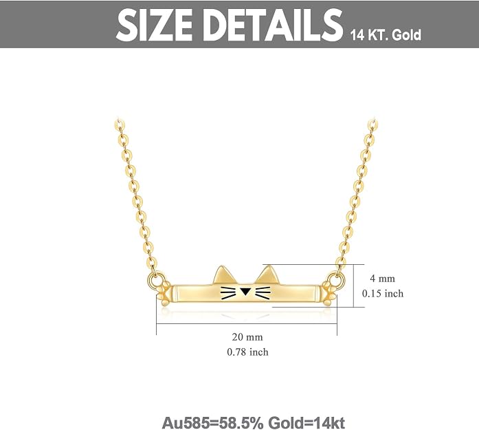 SISGEM 14K Real Gold Cat Bar Necklace – Yellow Gold Cute Cat Pendant for Women 16-18 Inch - Image 2