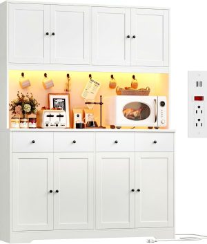72" LED Pantry Cabinet with Power Outlet – Tall Storage Hutch, White