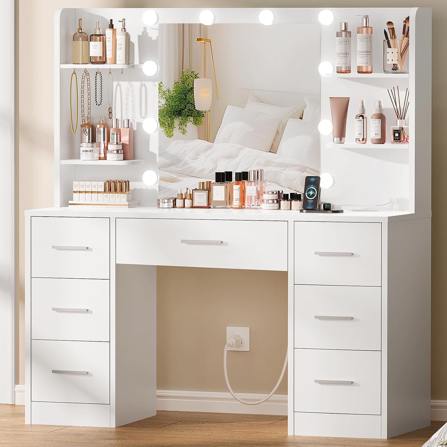 Quimoo Vanity Desk with LED Mirror & Power Outlet – 7 Drawers & Shelves - Image 9
