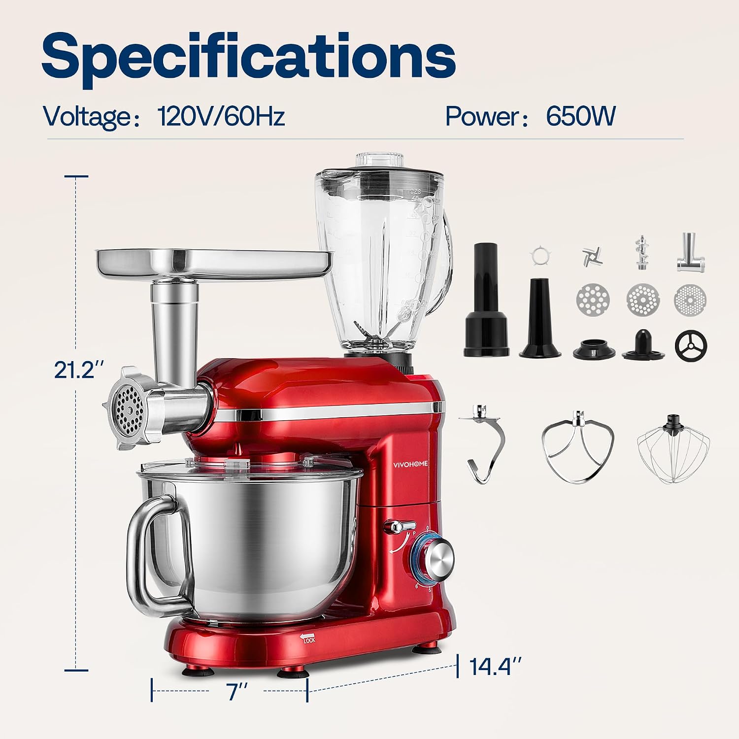 VIVOHOME 6-Quart Stand Mixer – 3-in-1 Red - Image 4