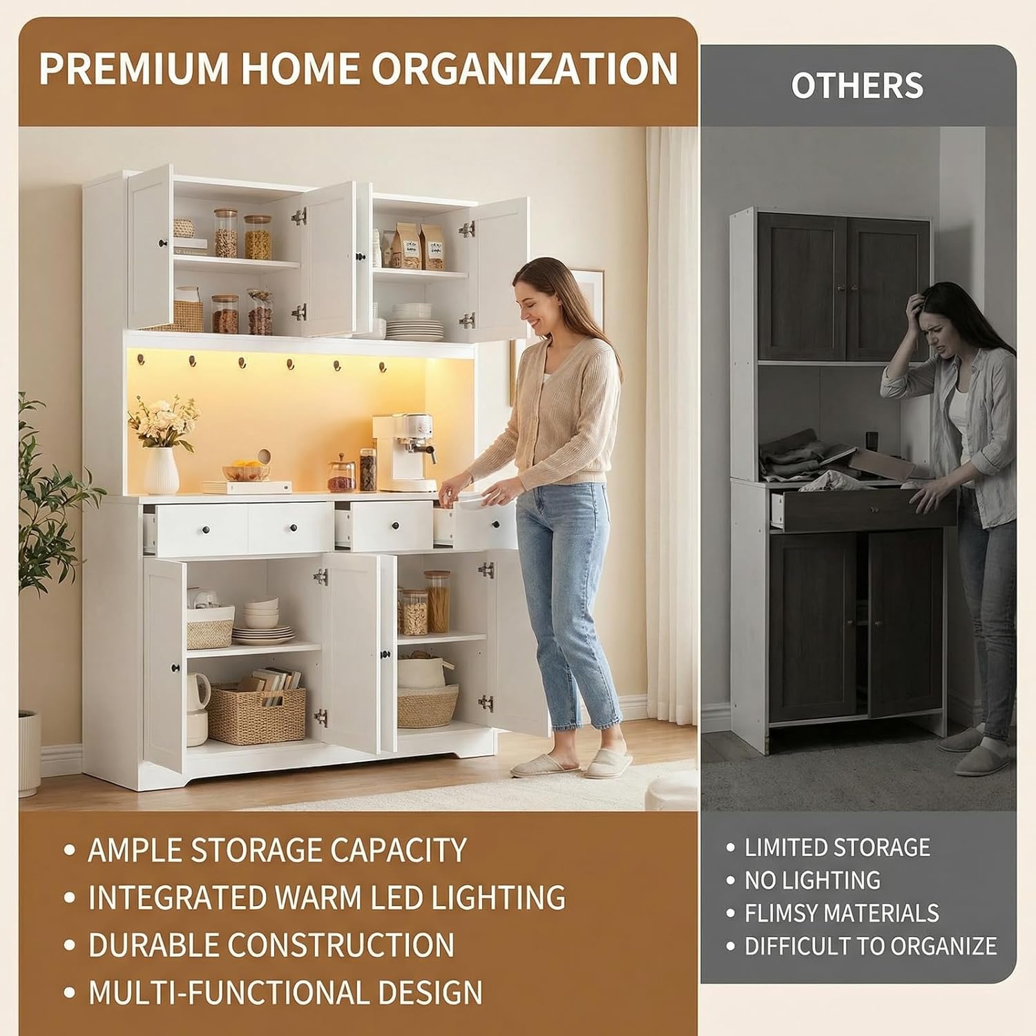 72" LED Pantry Cabinet with Power Outlet – Tall Storage Hutch, White - Image 3