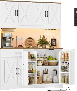HOSTACK 55" Kitchen Pantry Cabinet – 72" Tall Hutch with LED & Charging Station
