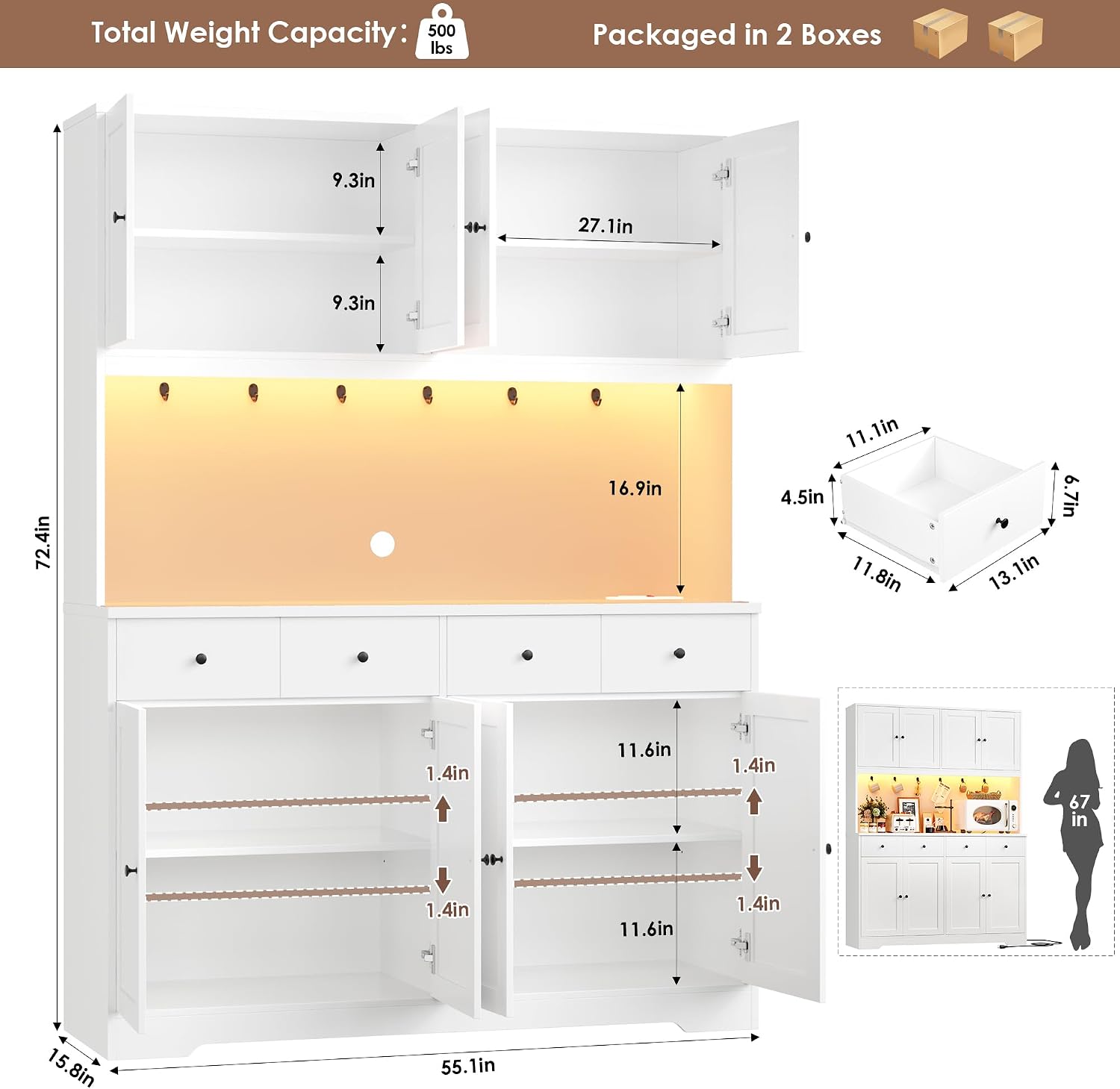 72" LED Pantry Cabinet with Power Outlet – Tall Storage Hutch, White - Image 5
