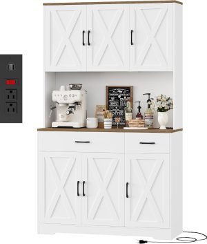 HOSTACK 71" Kitchen Pantry Cabinet – Farmhouse Hutch with Charging Station