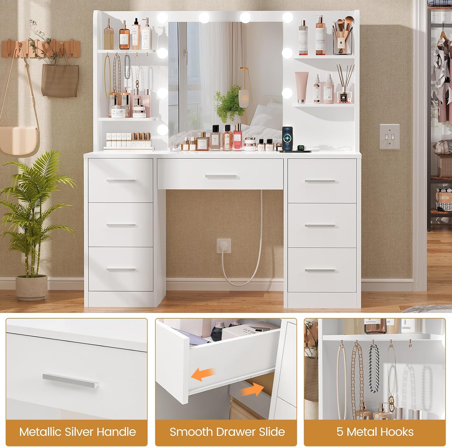 Quimoo Vanity Desk with LED Mirror & Power Outlet – 7 Drawers & Shelves - Image 7