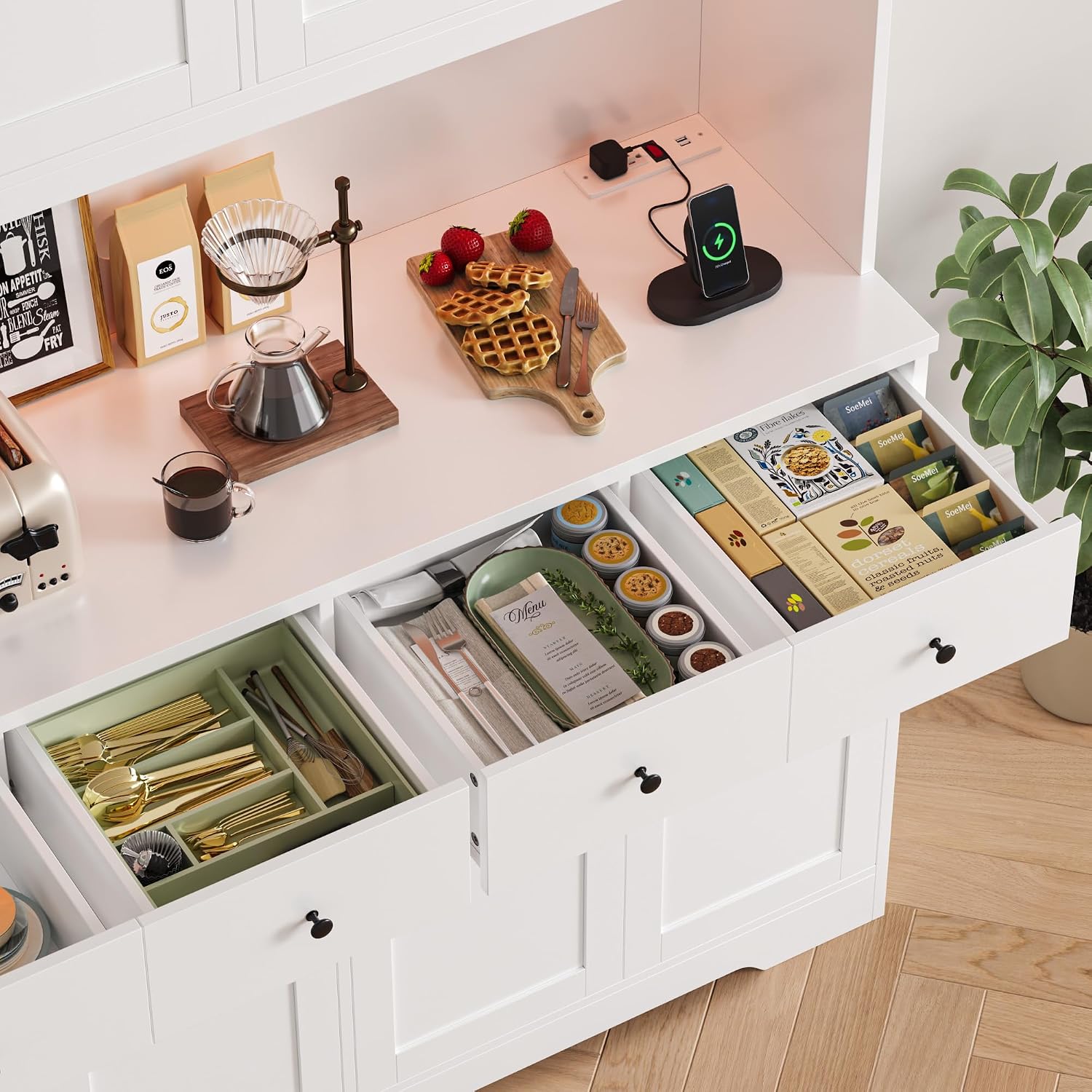 72" LED Pantry Cabinet with Power Outlet – Tall Storage Hutch, White - Image 6