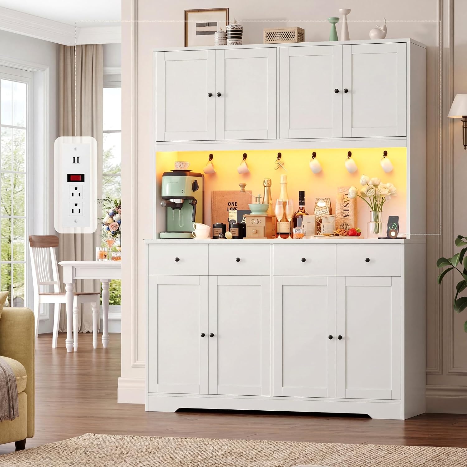 72" LED Pantry Cabinet with Power Outlet – Tall Storage Hutch, White - Image 7