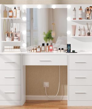 Quimoo Vanity Desk with LED Mirror & Power Outlet – 7 Drawers & Shelves