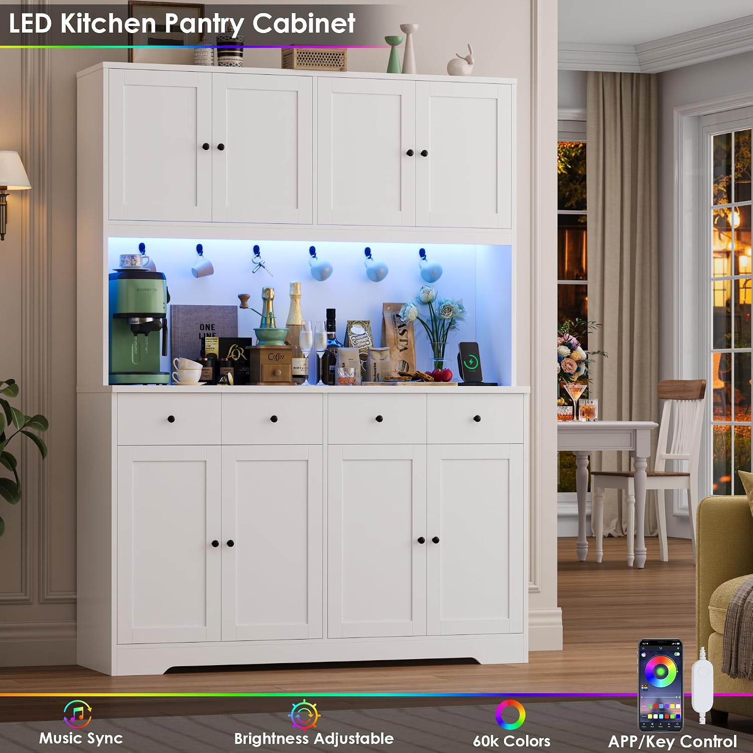 72" LED Pantry Cabinet with Power Outlet – Tall Storage Hutch, White - Image 8